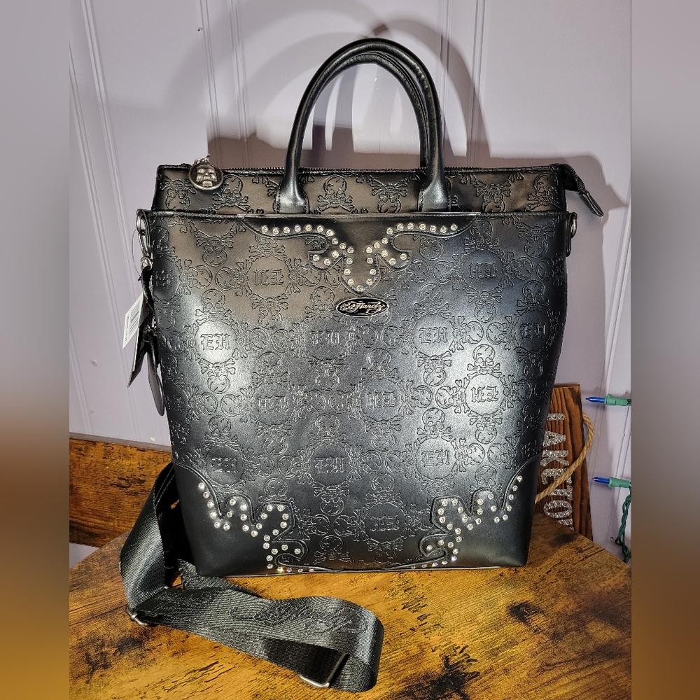 Ed Hardy Elegant Black Embossed Women's backpack/hand Bag